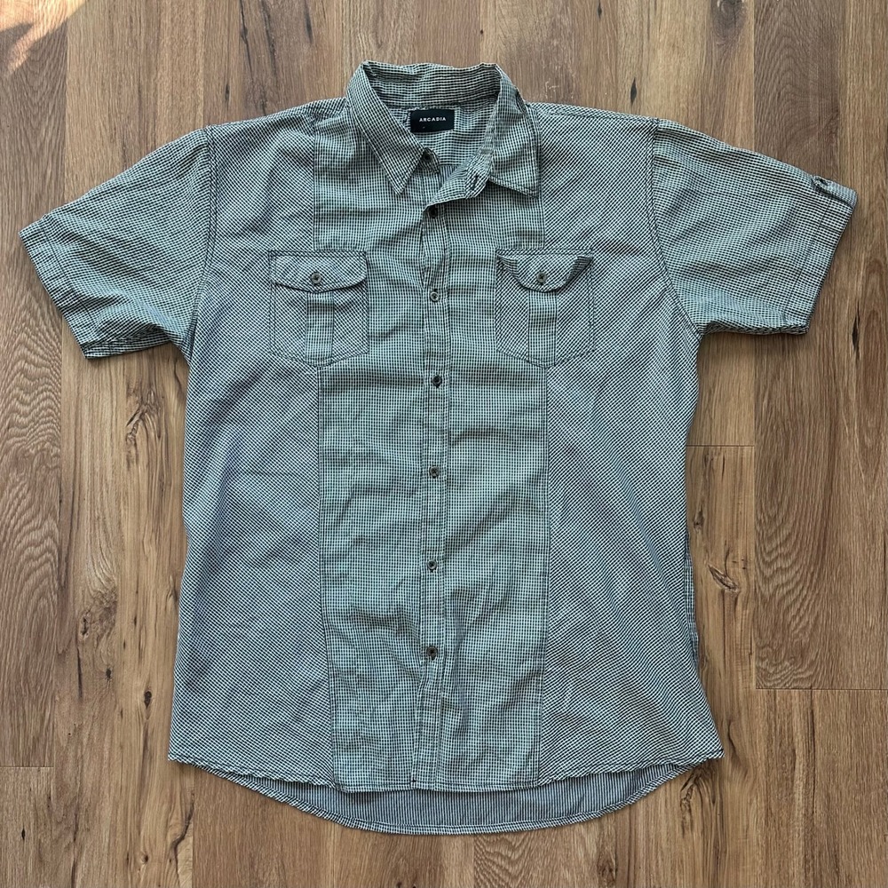 Arcadia Mens‎ Short Sleeve Button Down Shirt Grid Pattern Black White Small